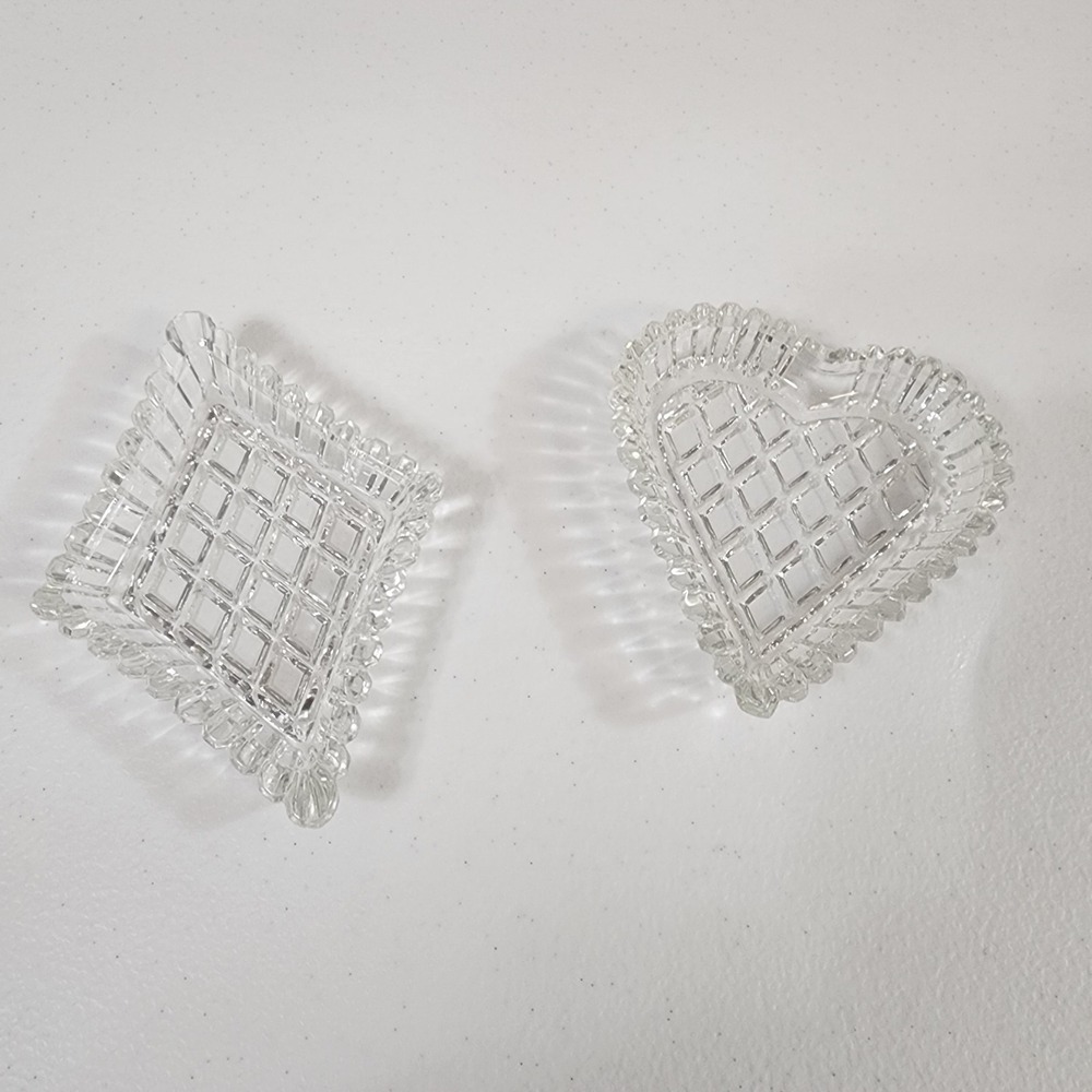 Tiara Glass Diamond and Heart Shaped Trinket Dish Vintage Clear Pressed Glass